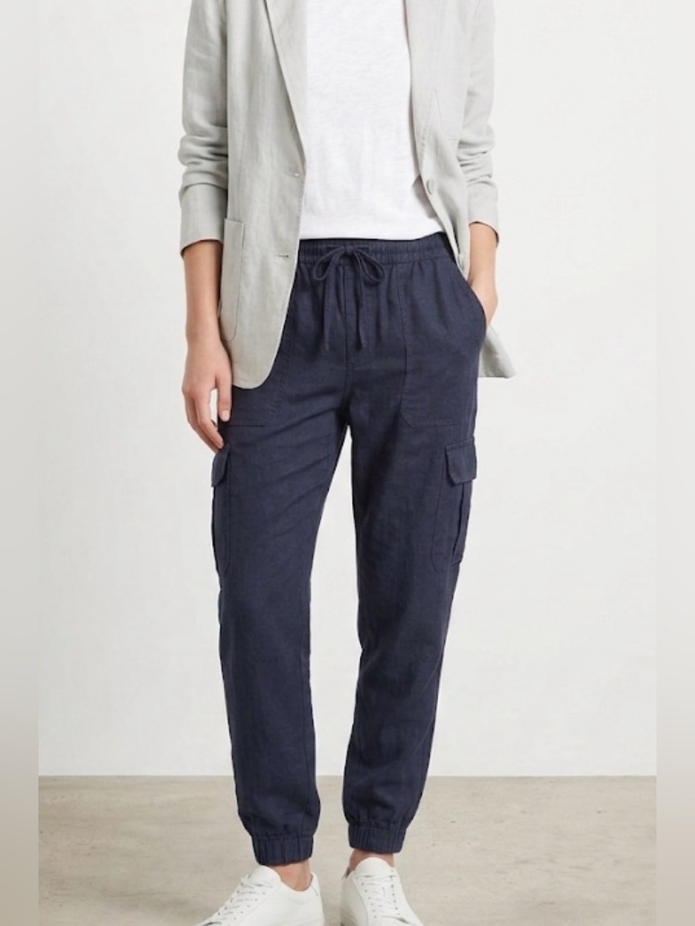 Nicole Miller Size 10 Navy Blue European Linen Cargo Jogger Pants Drawstring